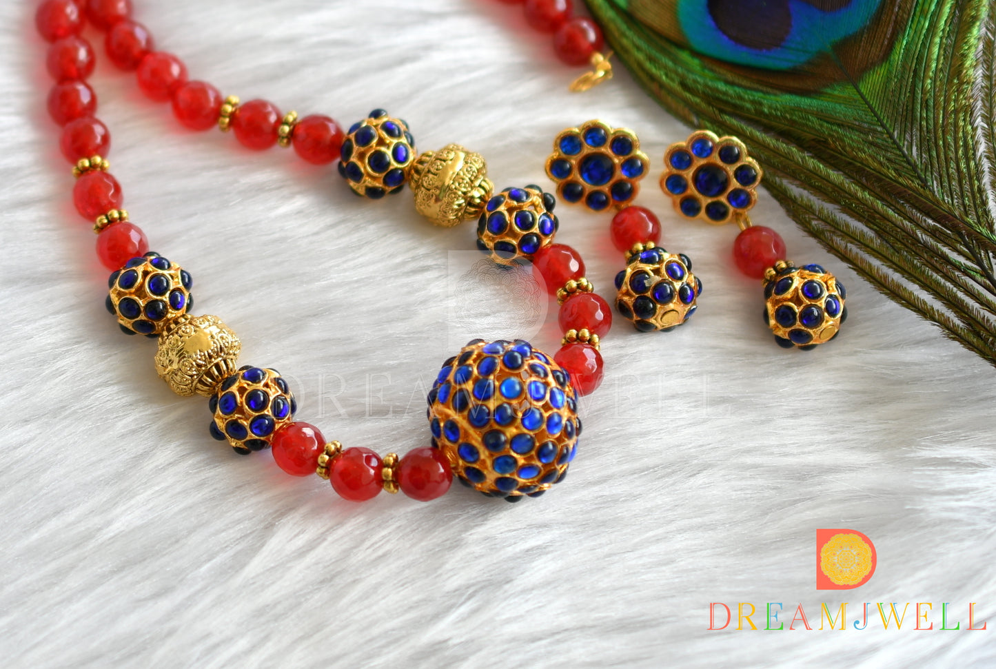 Gold tone ruby-agates blue Rudhra balls necklace set dj-24390