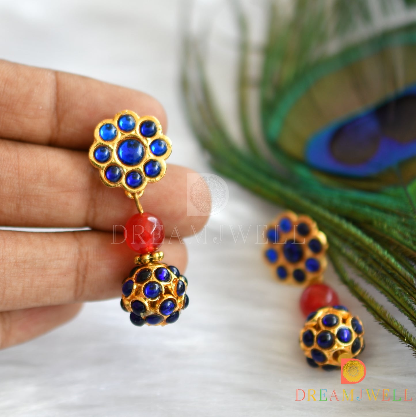 Gold tone ruby-agates blue Rudhra balls necklace set dj-24390