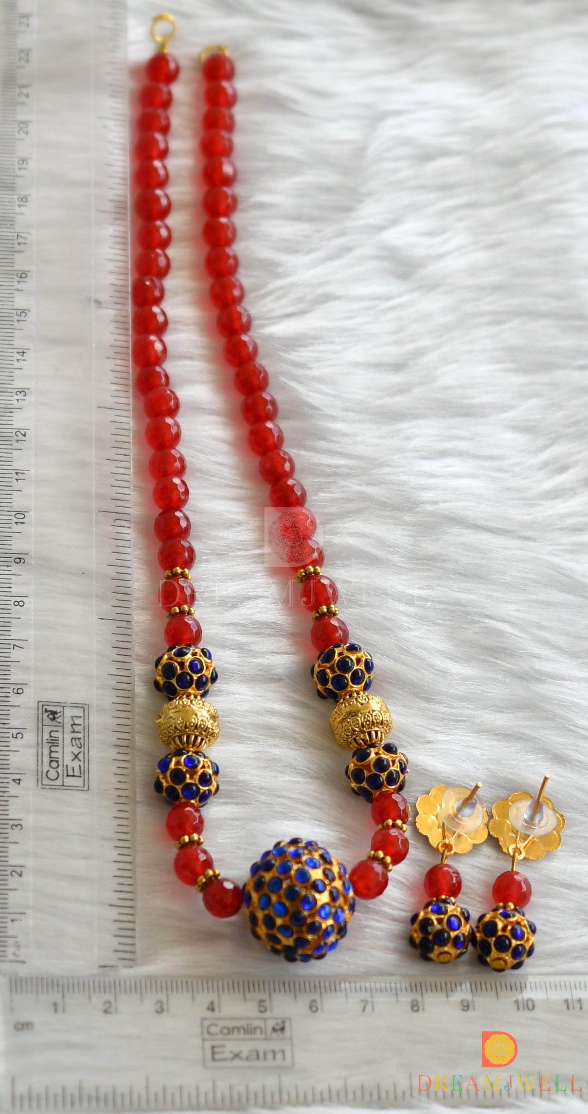 Gold tone ruby-agates blue Rudhra balls necklace set dj-24390