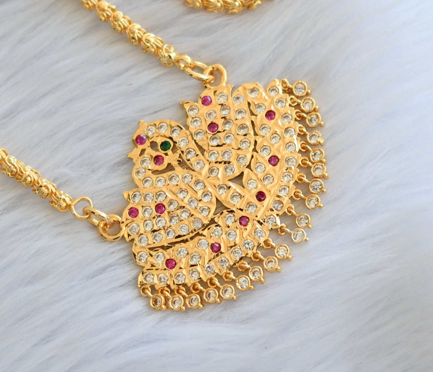 Gold tone ruby-green-white south Indian swan pendant with chain dj-40895