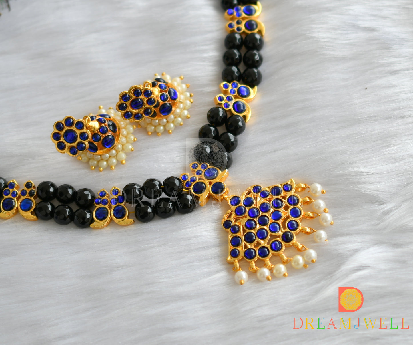 Gold tone black agates beaded blue mango Kemp necklace set dj-19357