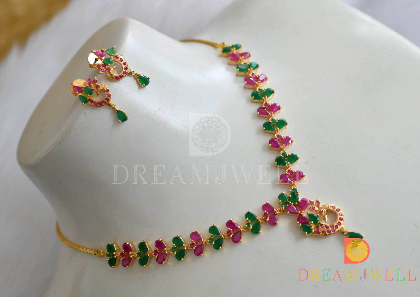 Gold tone pink-green necklace set dj-01826