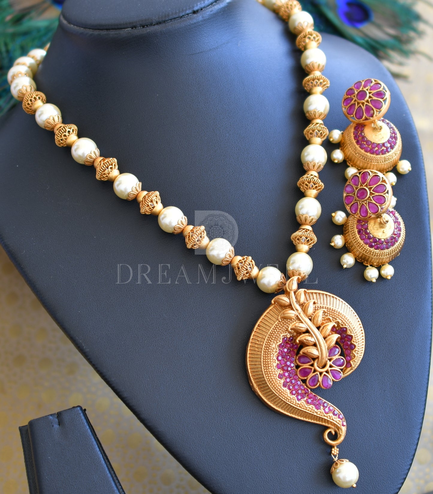 Matte finish ruby pearl designer necklace set dj-07121