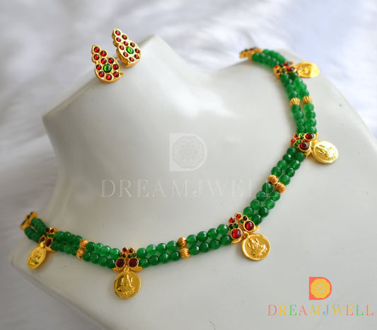 Gold tone kemp-green agates Lakshmi coin necklace set dj-23281