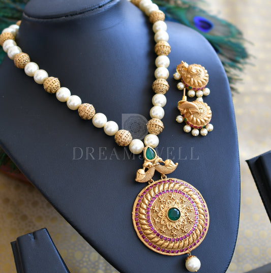 Matte finish ruby-emerald pearl necklace set dj-06481
