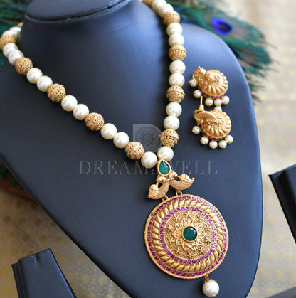 Matte finish ruby-emerald pearl necklace set dj-06481