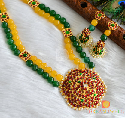 Gold tone kemp-green yellow-green agates flower pendant necklace set dj-23834