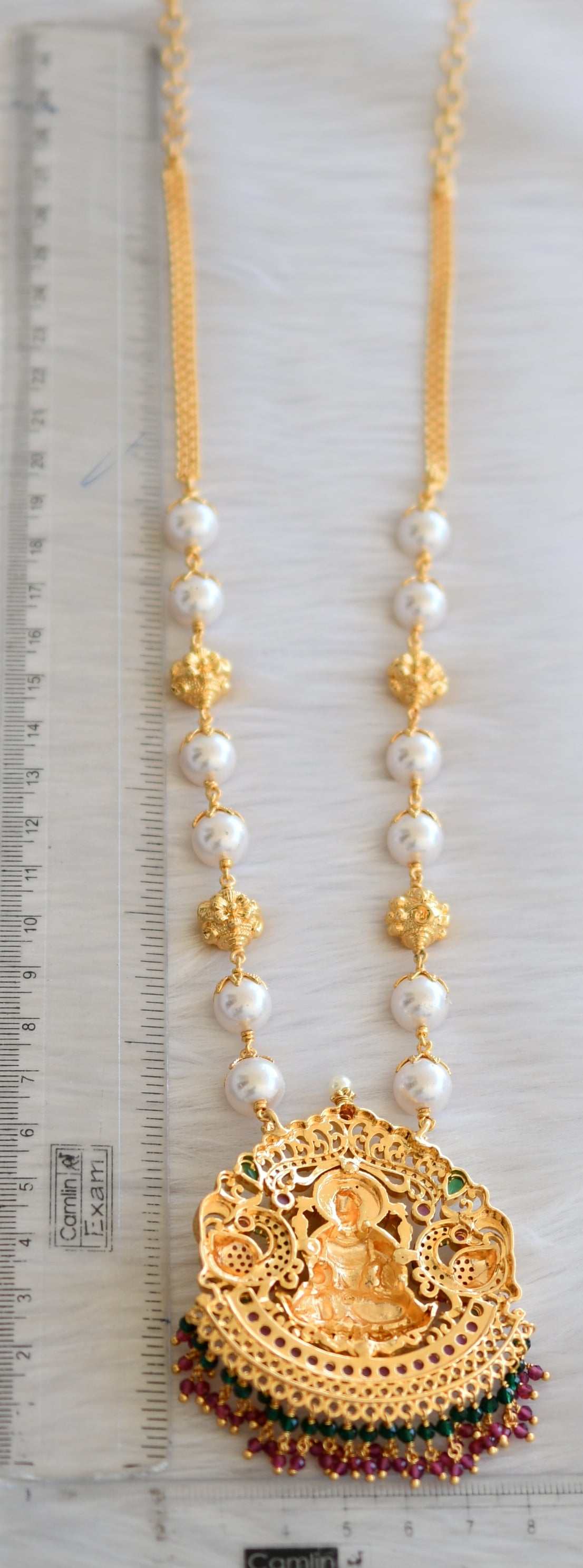 Gold tone pearl beads ruby-green-white Lakshmi-peacock short haar dj-40875