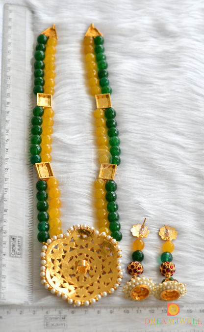 Gold tone kemp-green yellow-green agates flower pendant necklace set dj-23834