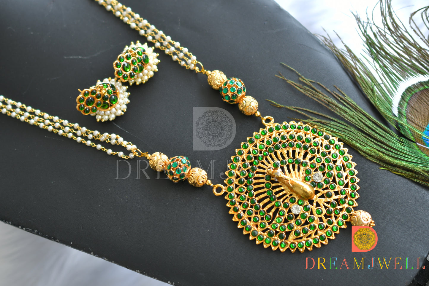 Gold tone green big pendant pearl necklace set dj-21767