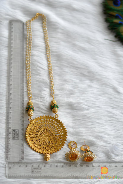 Gold tone green big pendant pearl necklace set dj-21767