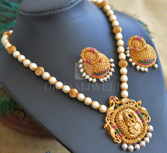 Matte finish ruby-emerald pearl lakshmi necklace set dj-06488