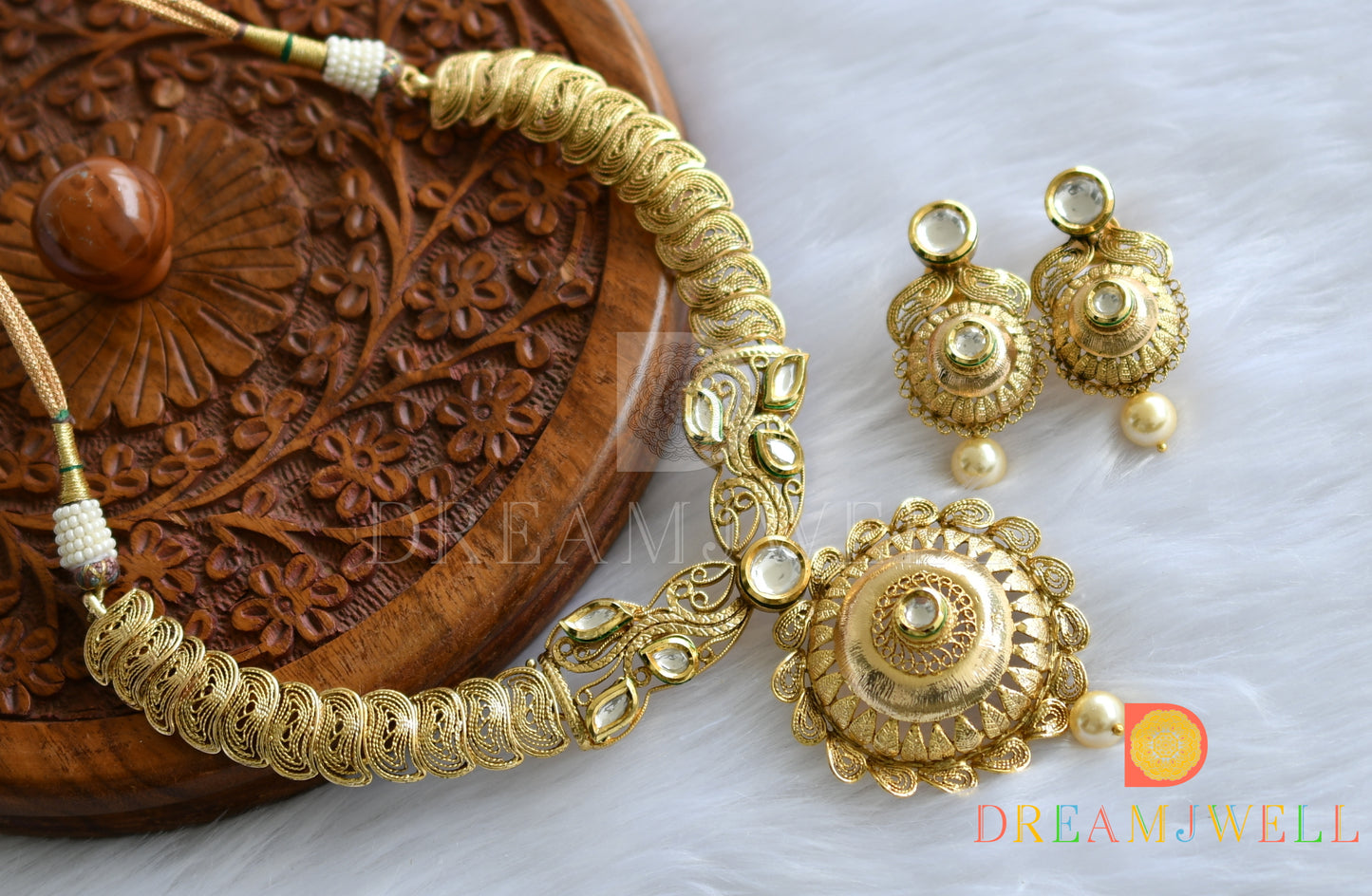 Antique gold tone pearl kundan necklace set dj-01809