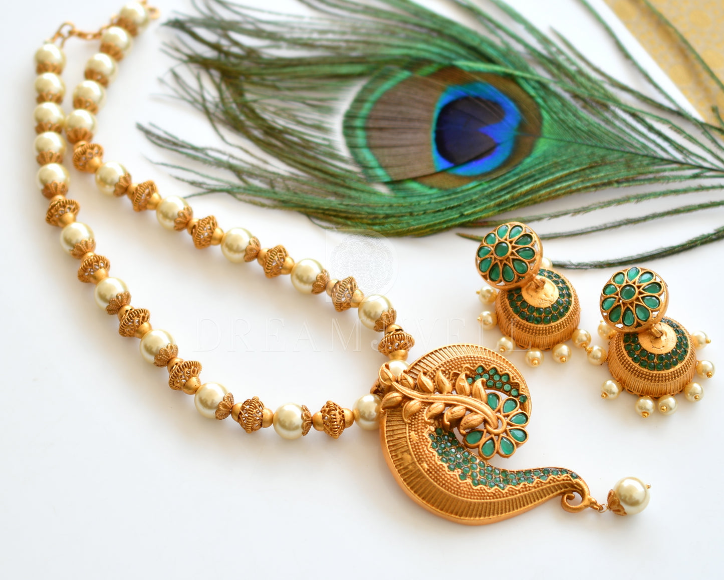 Matte finish emerald pearl designer necklace set dj-07123