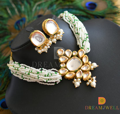 Gold tone pearl white Kundan choker necklace set dj-36937