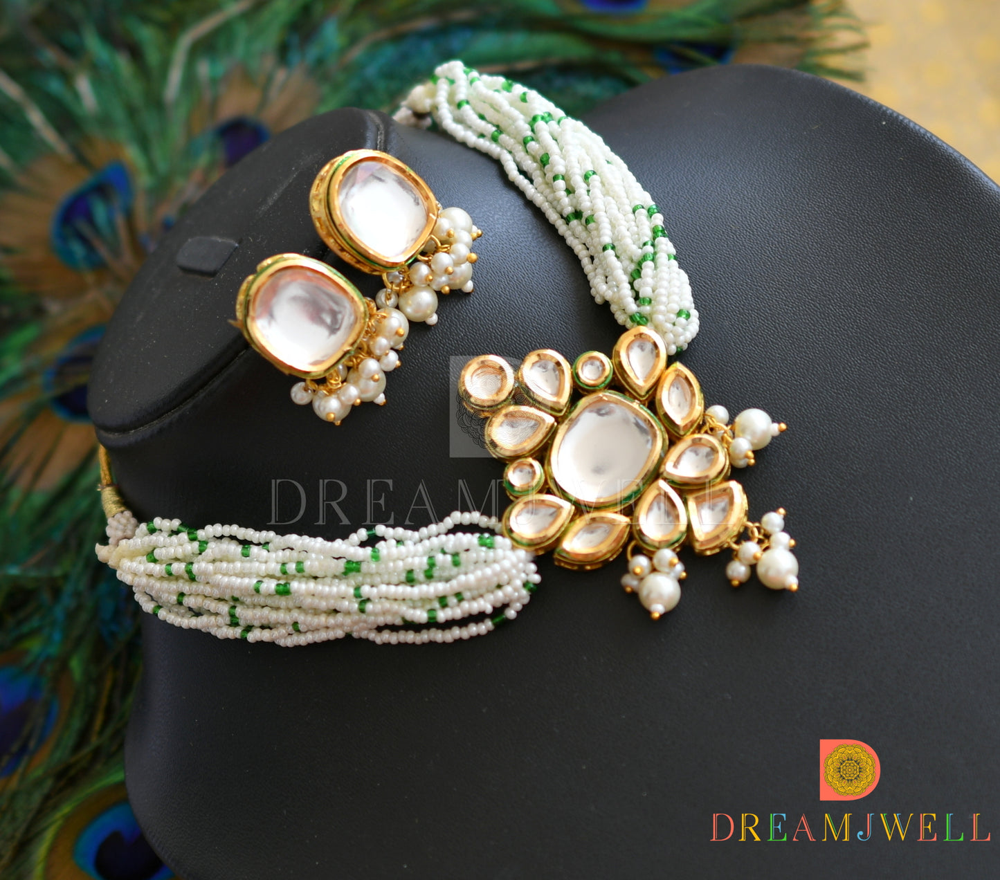 Gold tone pearl white Kundan choker necklace set dj-36937