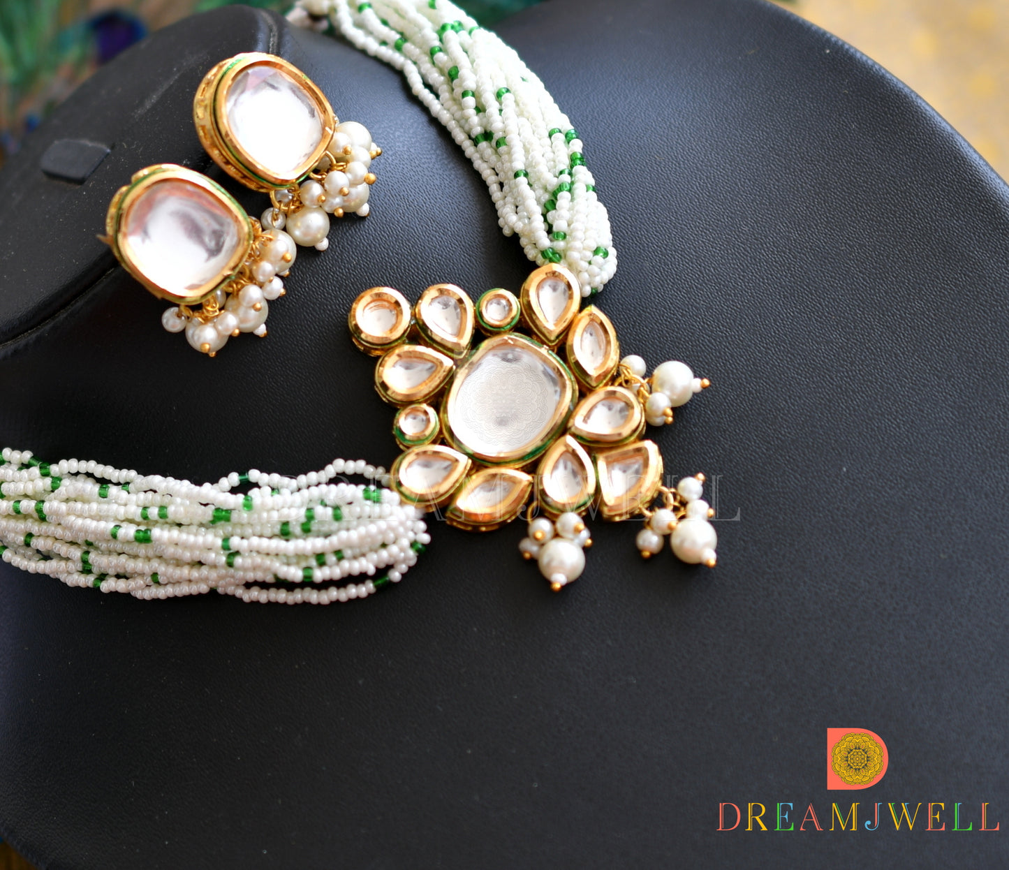 Gold tone pearl white Kundan choker necklace set dj-36937