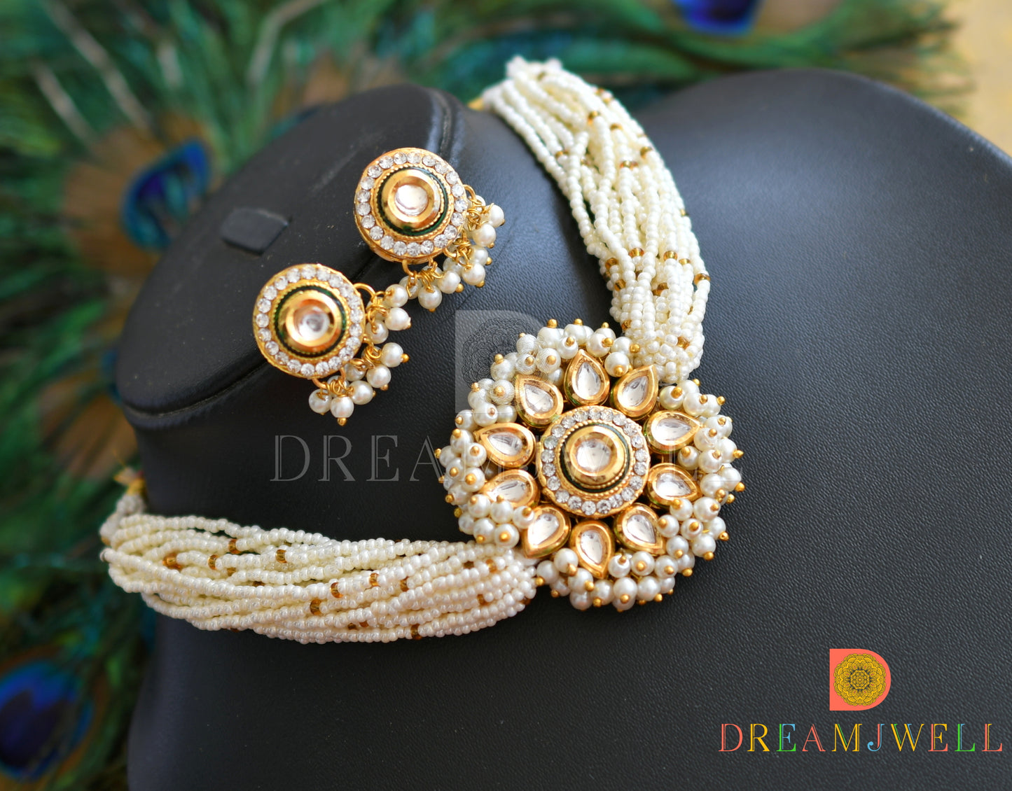 Gold tone pearl Kundan choker necklace set dj-36938