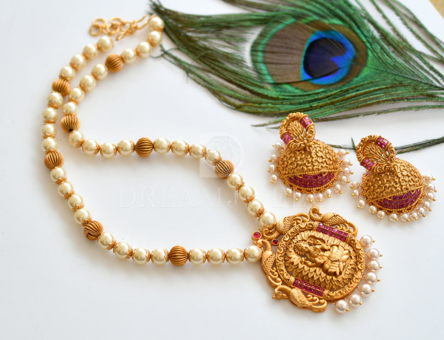 Matte finish ruby pearl lakshmi designer necklace set dj-06489