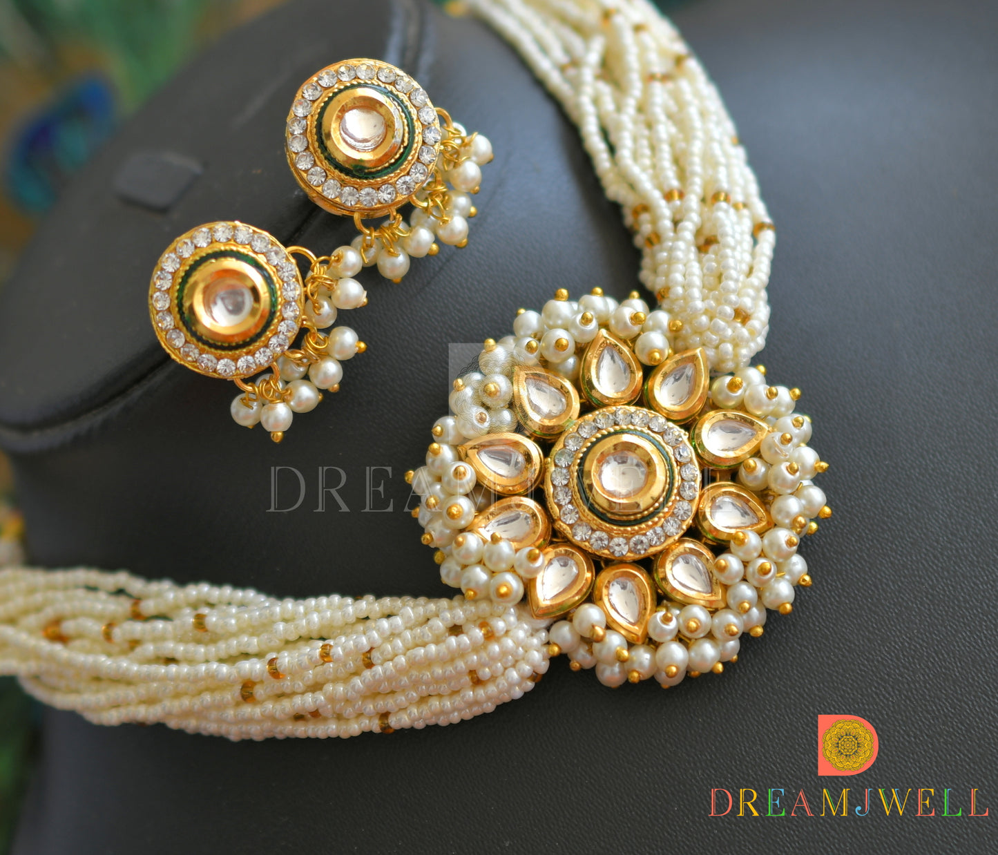 Gold tone pearl Kundan choker necklace set dj-36938