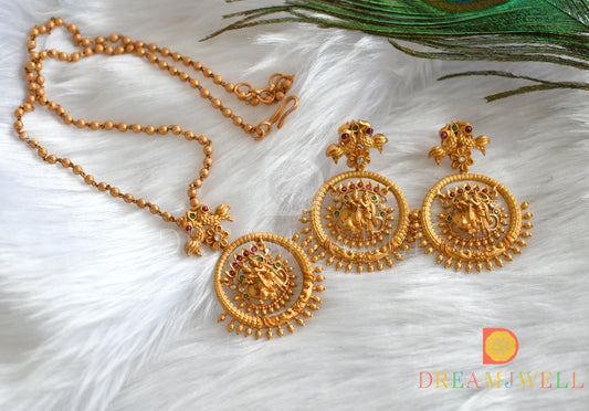 Matte finish ruby-emerald-white Radha-Krishna pendant set with chain dj-37711