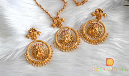 Matte finish ruby-emerald-white Radha-Krishna pendant set with chain dj-37711