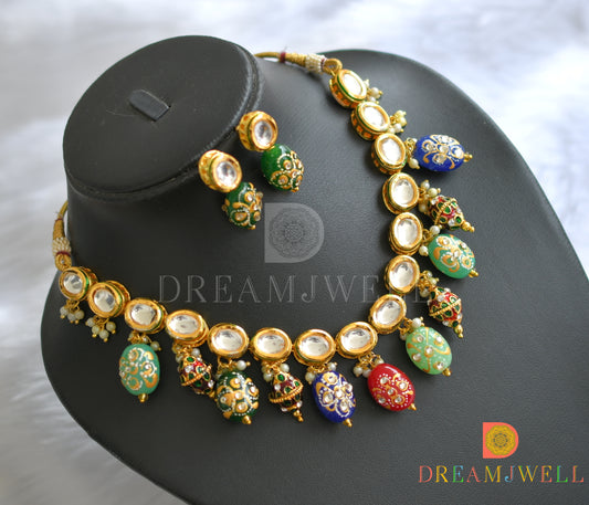 Gold tone kundan multi color meena kari beads necklace set dj-37942