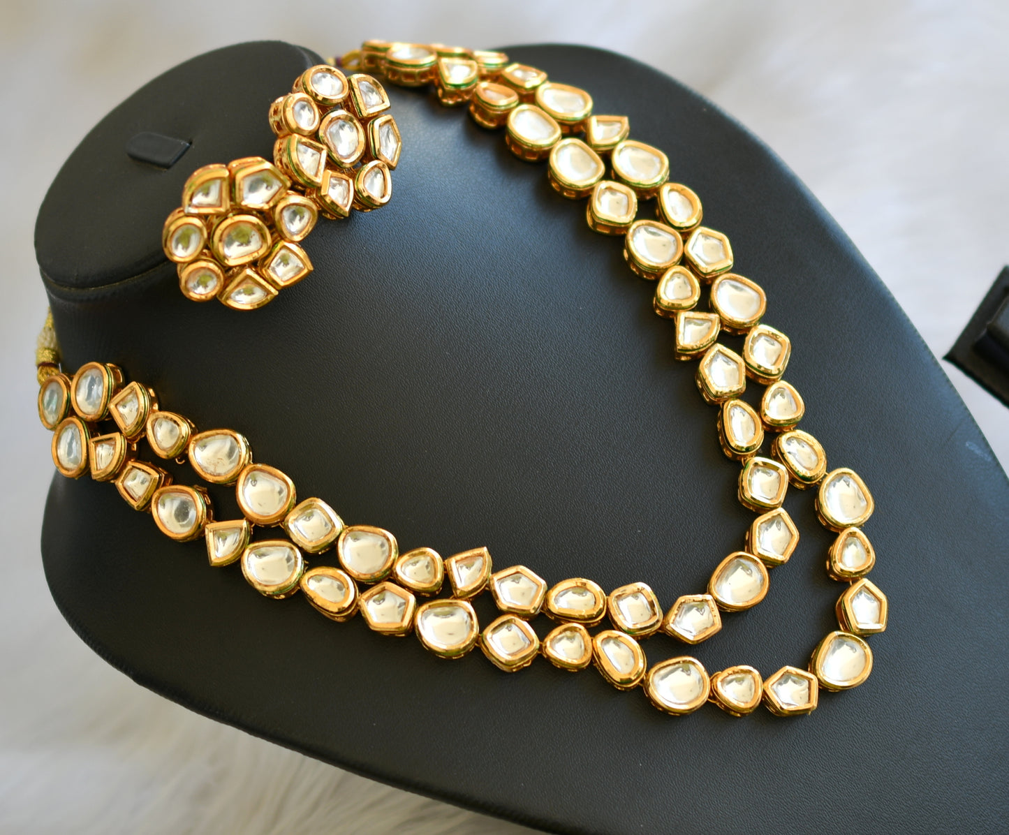 Gold tone white kundan double layer necklace set dj-40067
