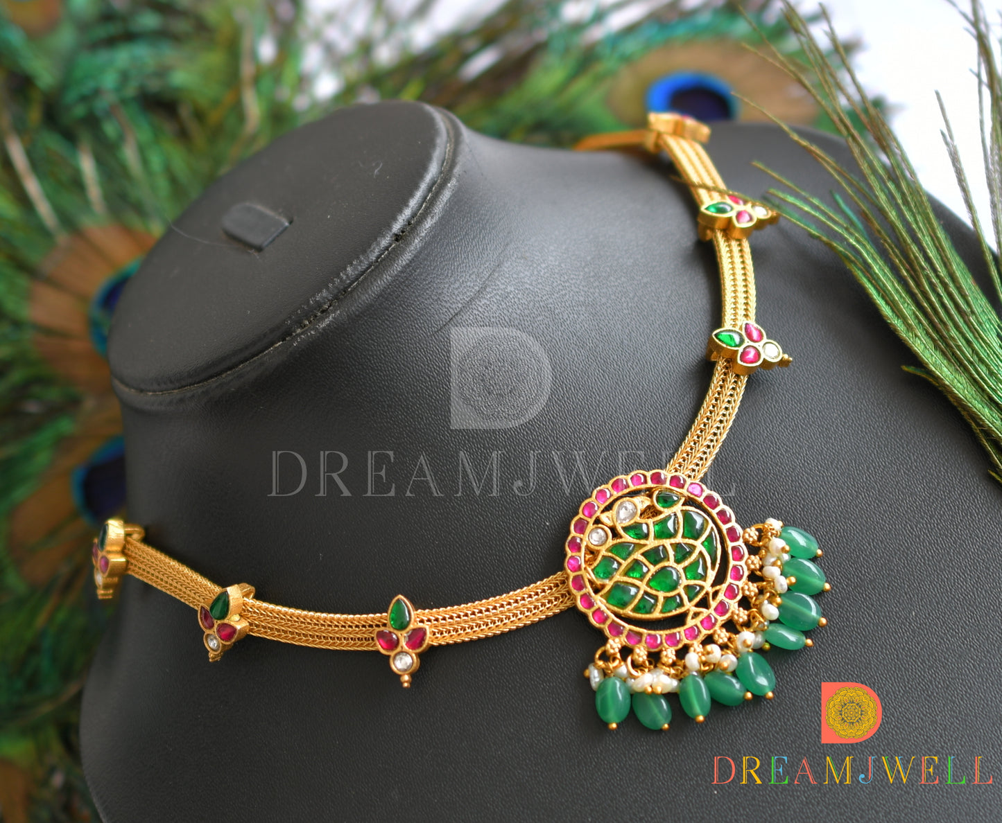 Gold tone pink-green-white kundan jadau swan necklace dj-37740