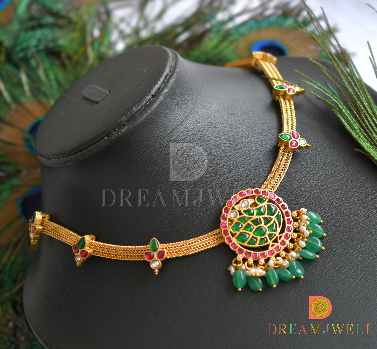 Gold tone pink-green-white kundan jadau swan necklace dj-37740