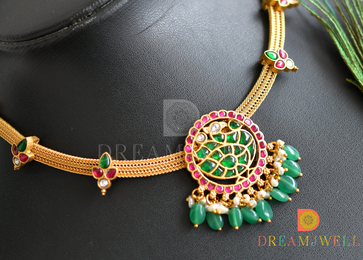 Gold tone pink-green-white kundan jadau swan necklace dj-37740