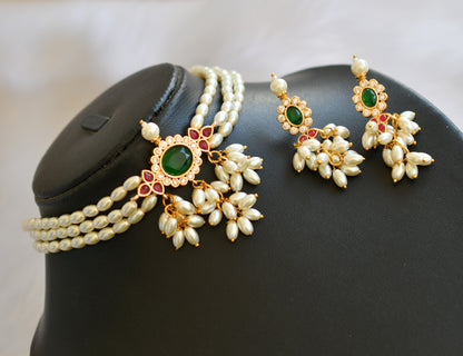 Gold tone ruby-green-white rice pearl choker necklace set dj-39962