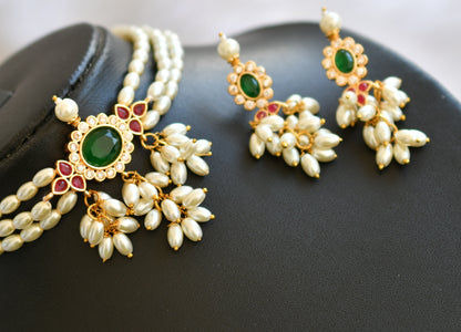 Gold tone ruby-green-white rice pearl choker necklace set dj-39962