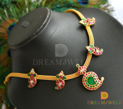 Gold tone pink-green-white mango kundan jadau necklace dj-37742