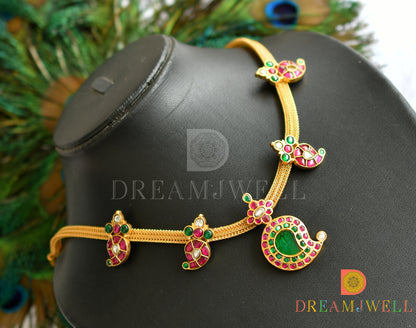 Gold tone pink-green-white mango kundan jadau necklace dj-37742