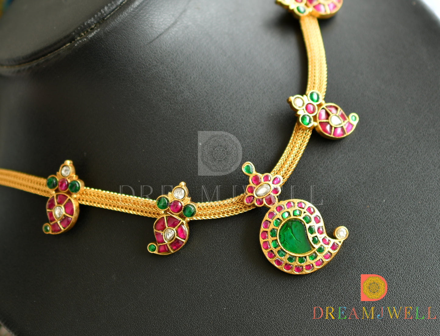 Gold tone pink-green-white mango kundan jadau necklace dj-37742