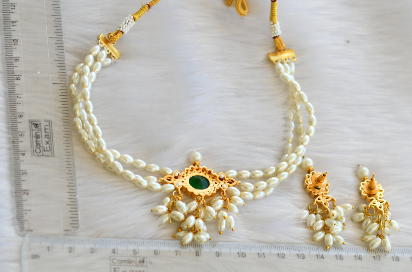 Gold tone ruby-green-white rice pearl choker necklace set dj-39962