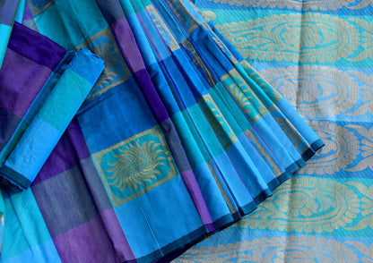 Semi silk cotton blue-Purple-sky blue color mango design saree dj-38522