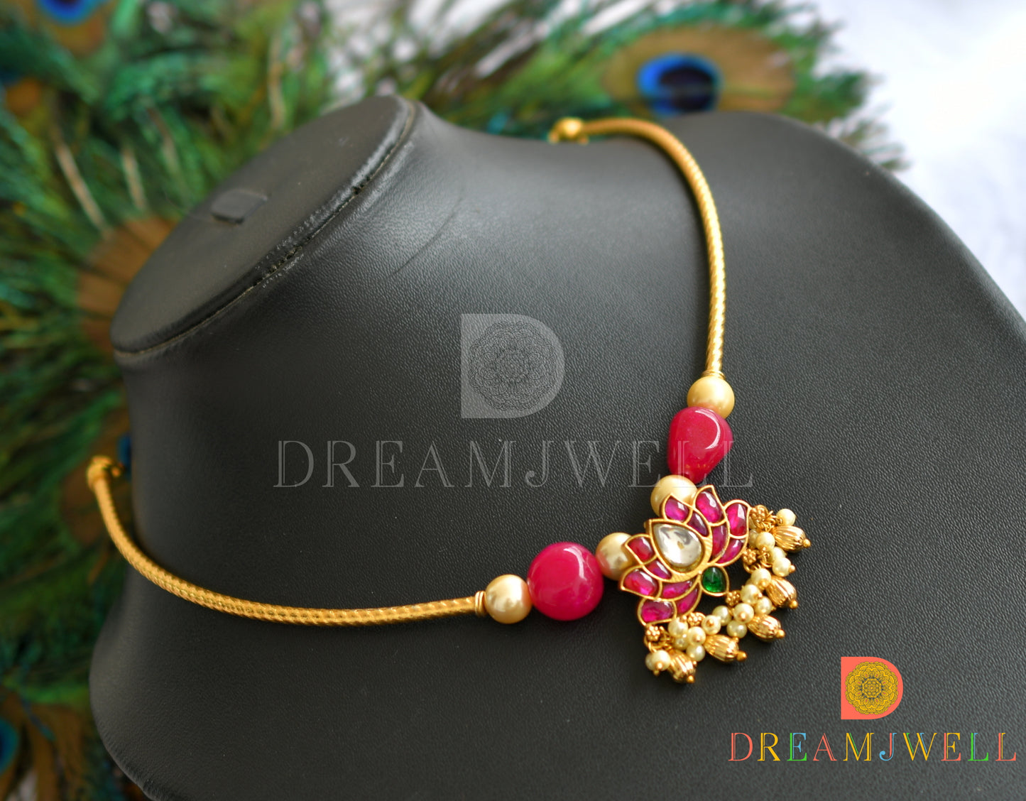 Gold tone pink-green-white kundan jadau Lotus pendant necklace dj-37754