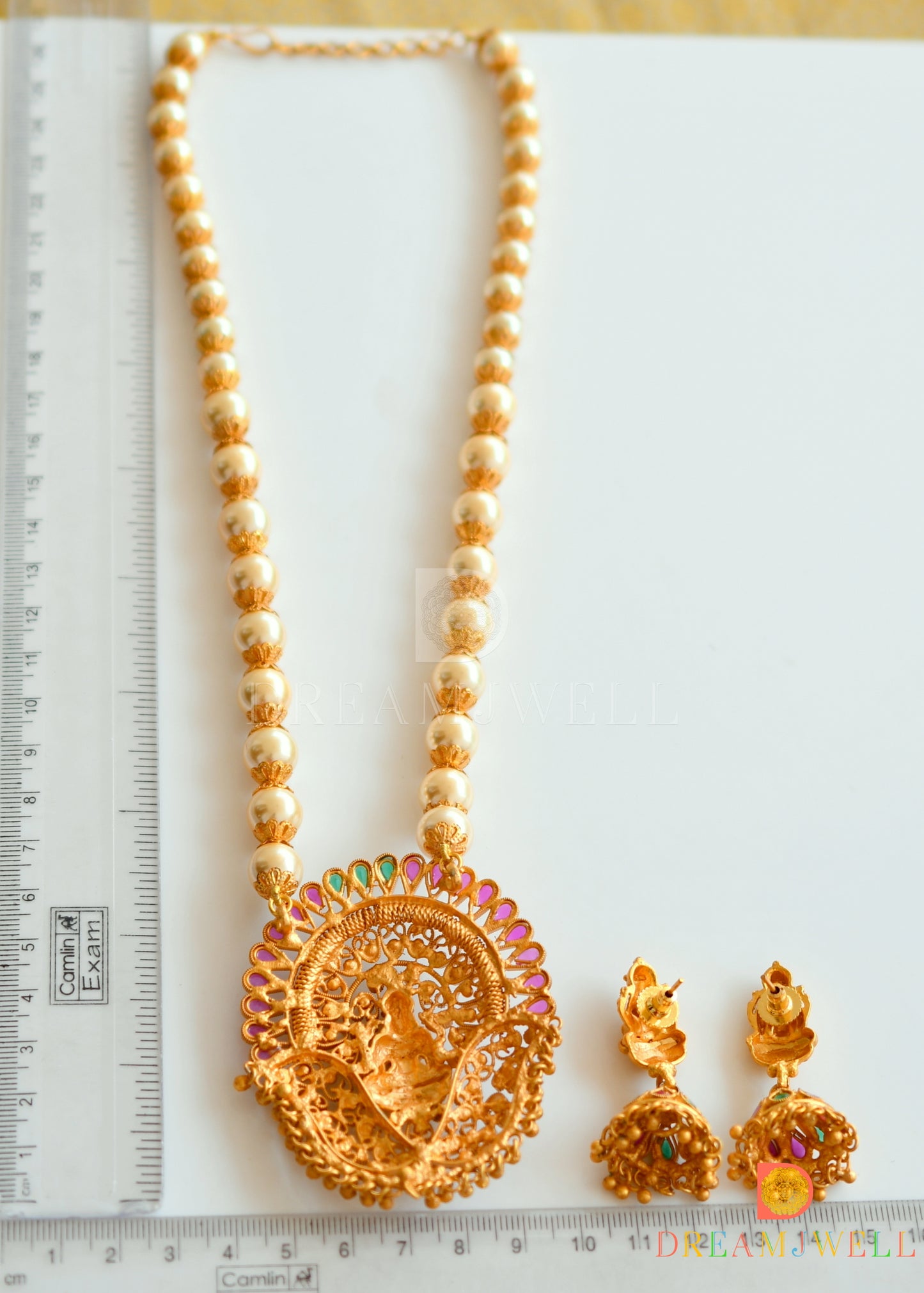 Matte finish ruby-emerald-pearl beaded lakshmi necklace set dj-09957