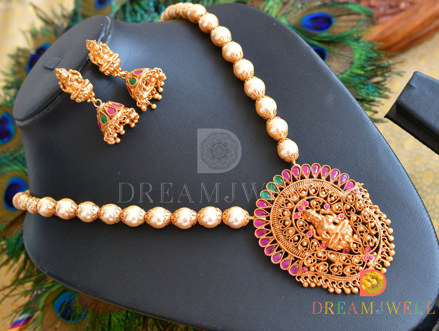 Matte finish ruby-emerald-pearl beaded lakshmi necklace set dj-09957