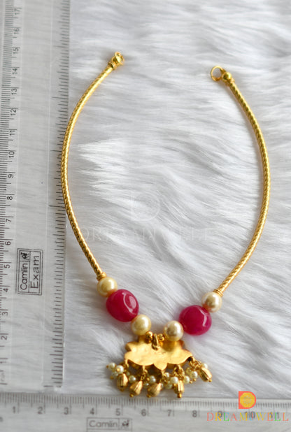 Gold tone pink-green-white kundan jadau Lotus pendant necklace dj-37754