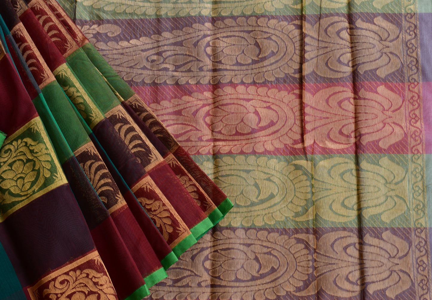 Semi silk cotton green-brown-maroon color mango design saree dj-38524