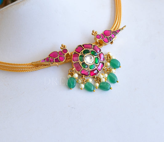 Gold tone kundan jadau pink-green flower-peacock designer necklace dj-35369