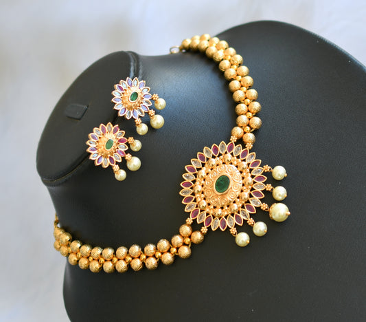 Gold tone ruby-emerald-white stone choker necklace set dj-39961