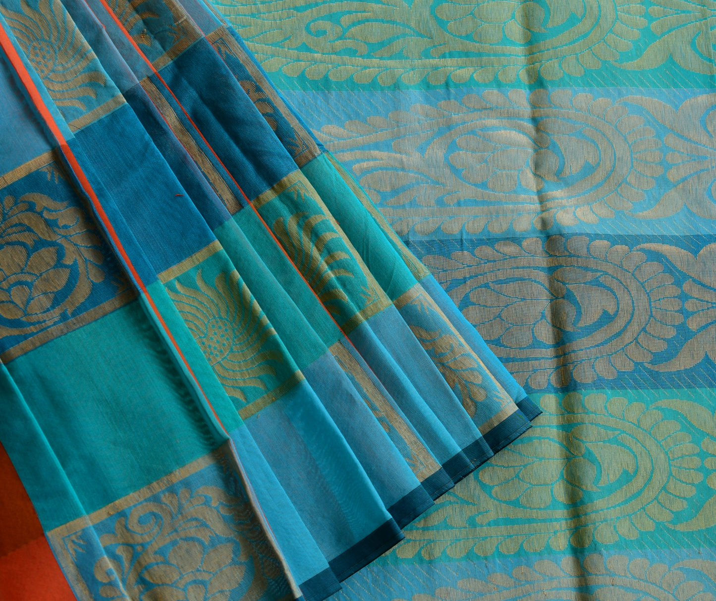 Semi silk cotton Orange-blue-sky blue color mango design saree dj-38525