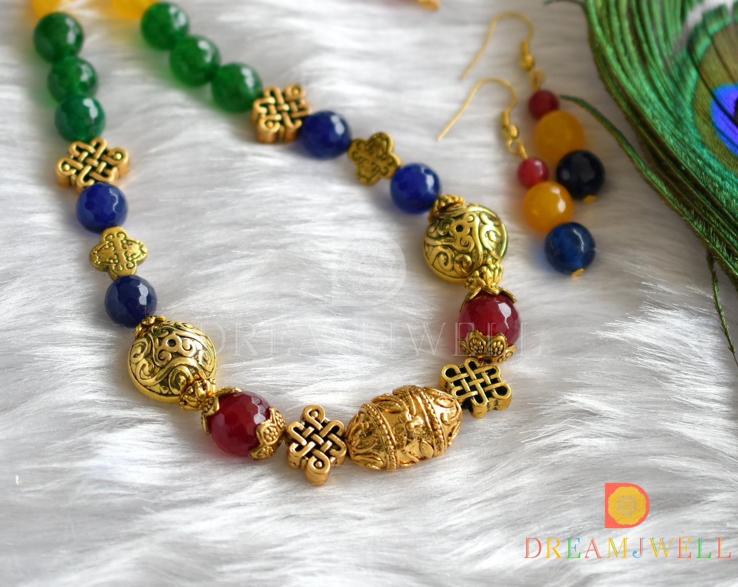 Antique Gold tone multi color agates beaded necklace set dj-28244