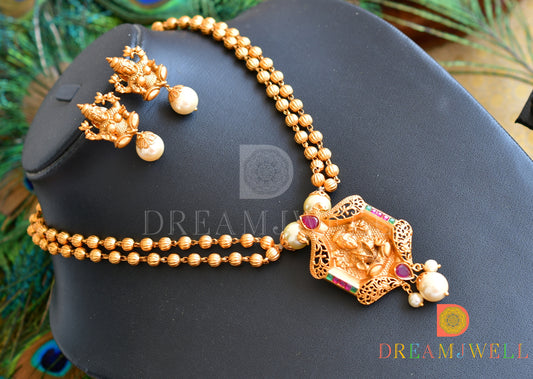 Matte Finish Ruby-emerald pearl Lakshmi Necklace Set dj-09958