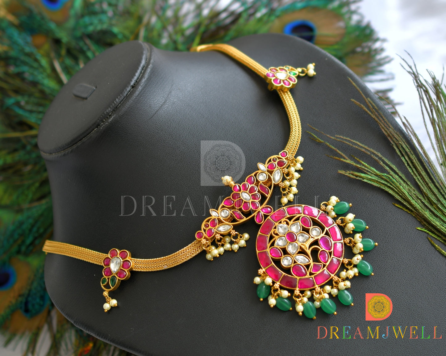 Gold tone pink-green-white flower-mango kundan jadau necklace dj-37744