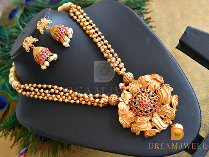 Matte Finish Ruby-emerald-pearl Peacock Necklace Set dj-09970